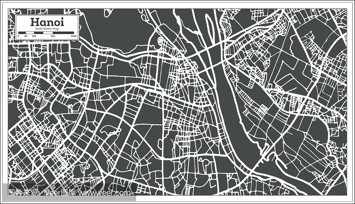 越南河内复古风格的城市地图。大纲地图。