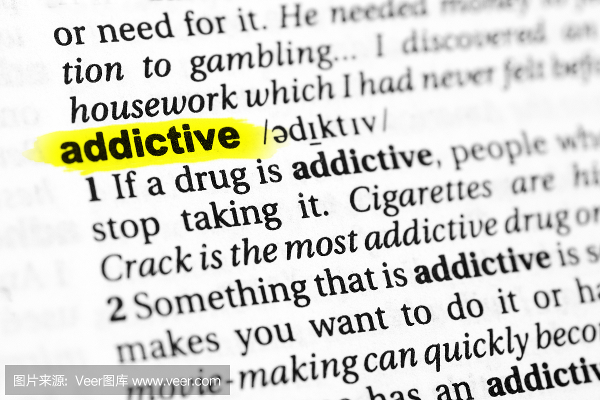 突出显示的英文单词'addictive'及其在字典中的