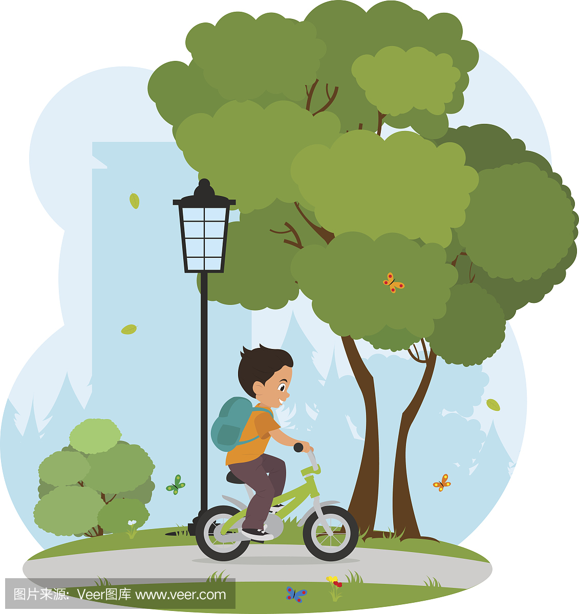 男孩学习骑自行车从学校回家