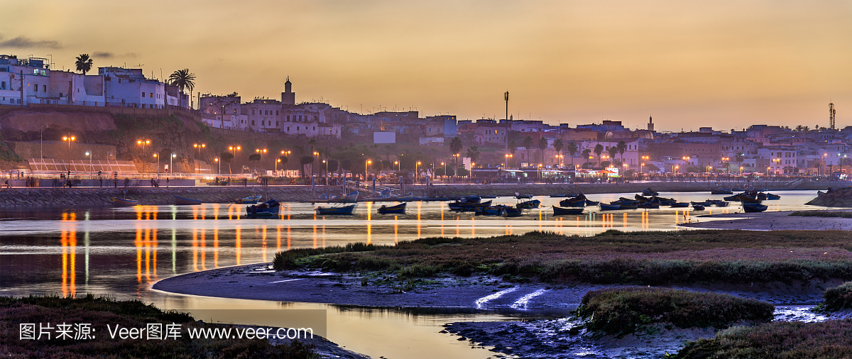 日落在拉巴特和布雷雷格河,摩洛哥