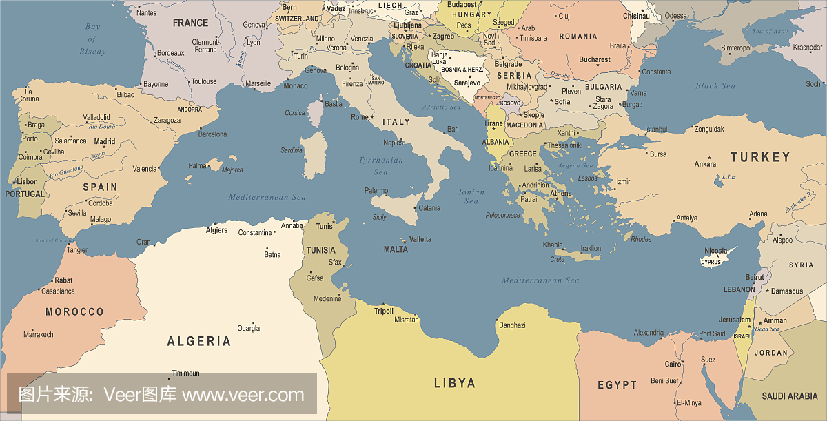 地中海地图 - 葡萄酒矢量图