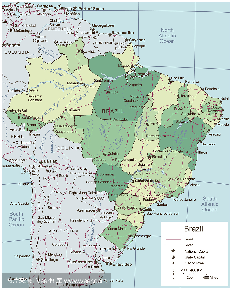 巴西政治地图与可选地区。向量