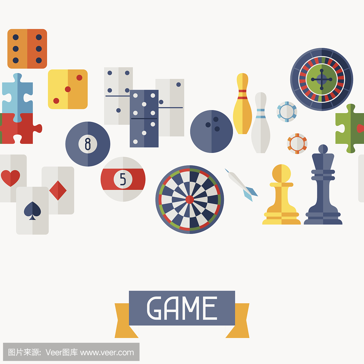 无缝图案与平面设计风格的游戏图标。