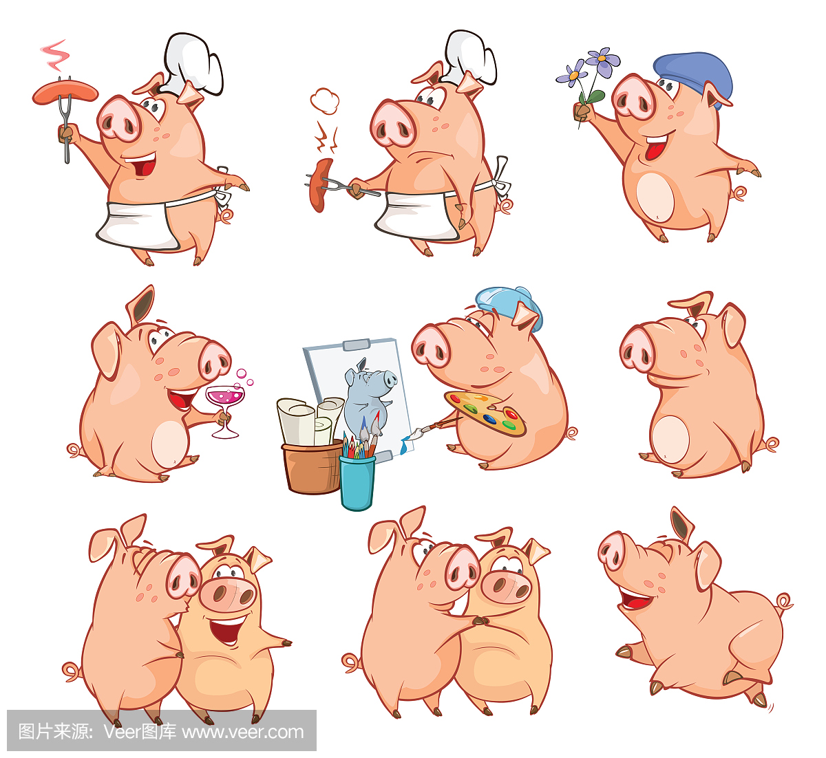 套卡通插图可爱的小猪在不同的姿势为你设计的卡通人物