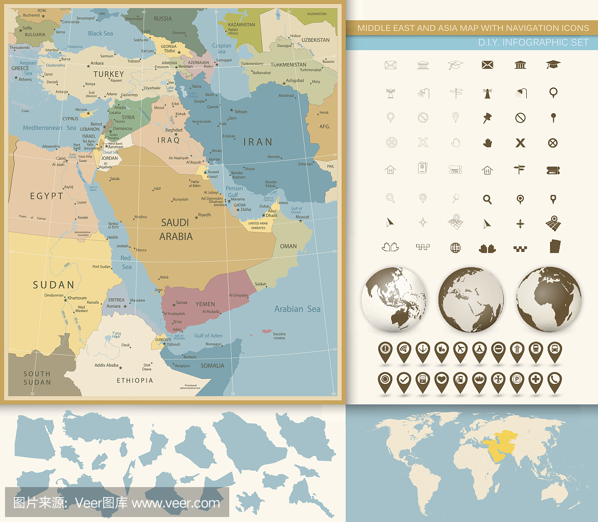 中东和西亚地图复古颜色