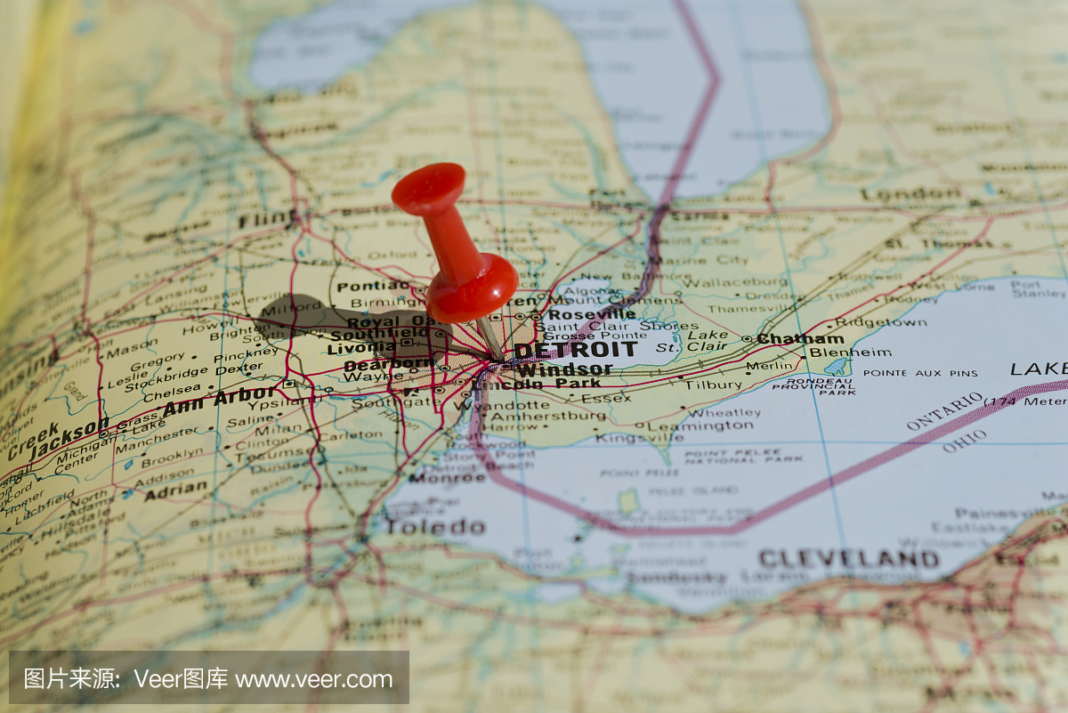 底特律在地图上标有红色图钉