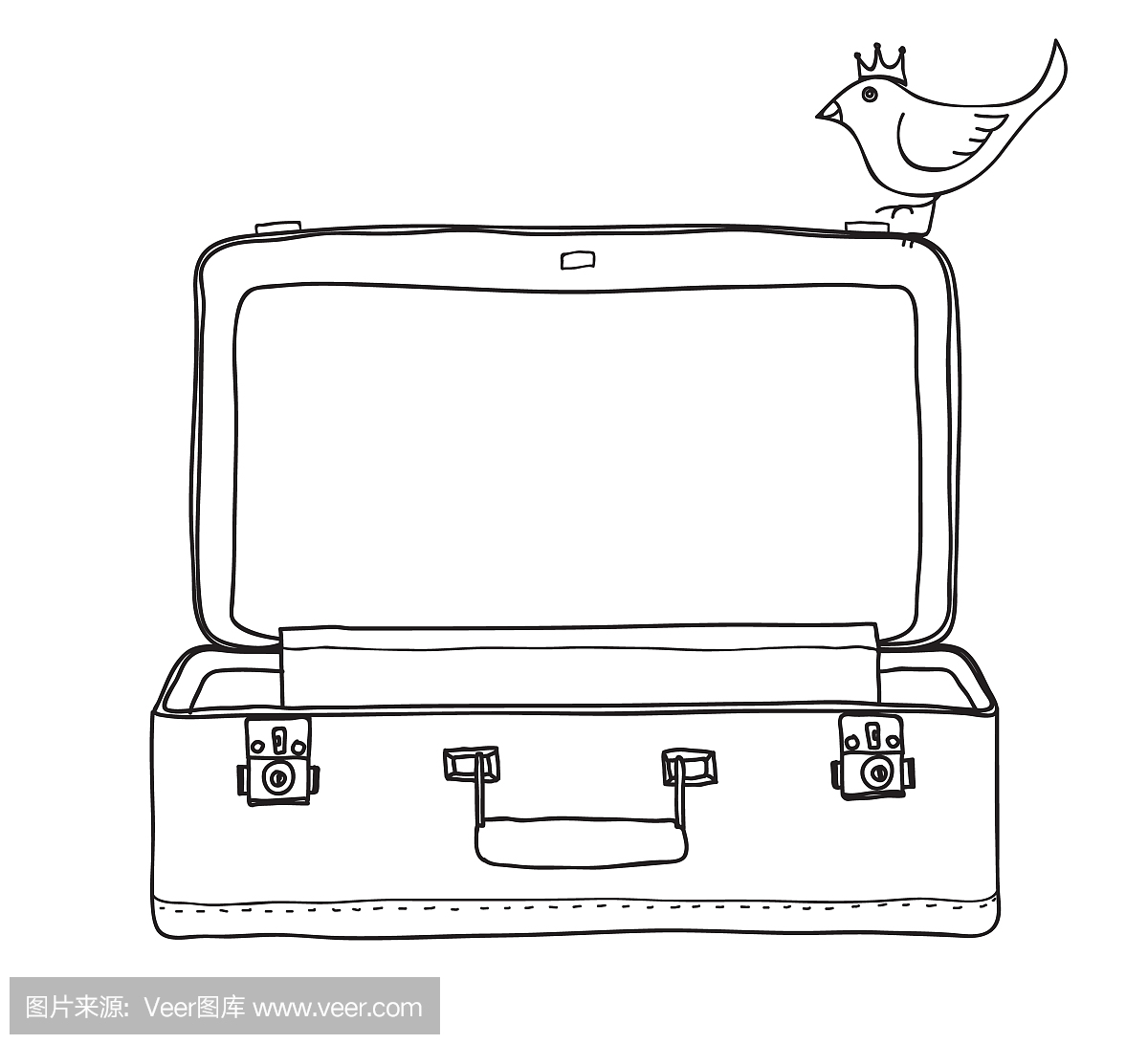 手提箱行李与鸟复古手绘矢量线艺术插画