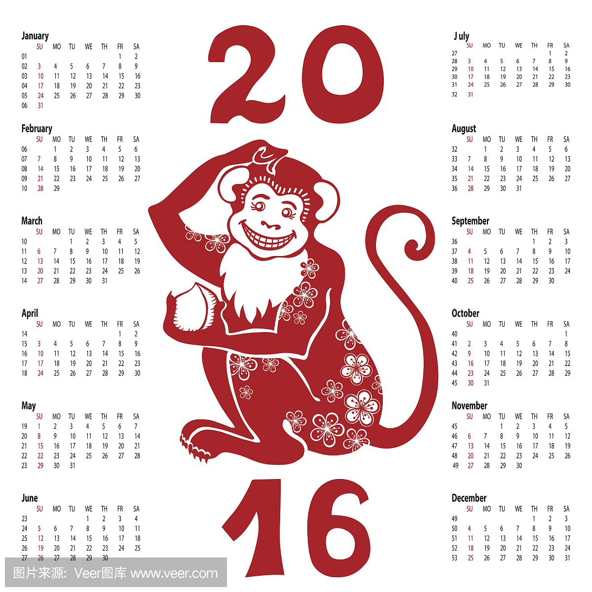 日历2016年。中国十二生肖红猴