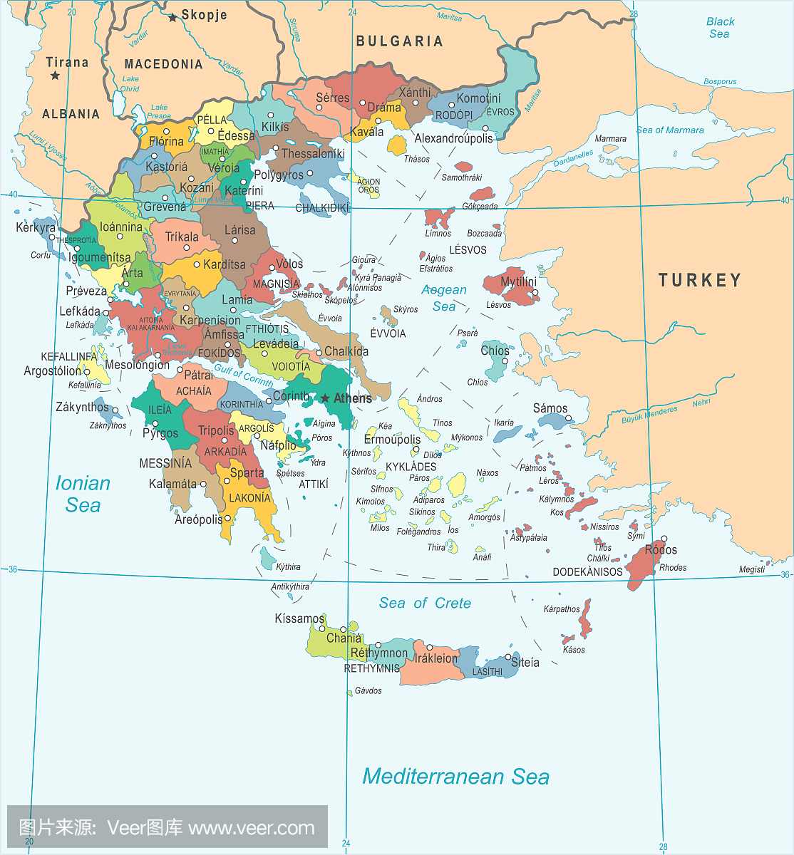 希腊地图 - 详细的矢量图