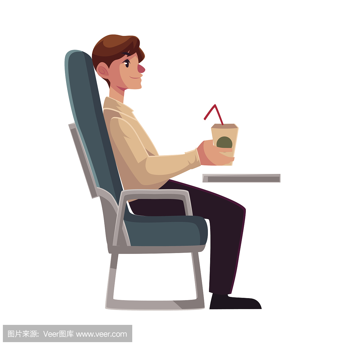 年轻人坐在飞机上,经济舱,喝酒