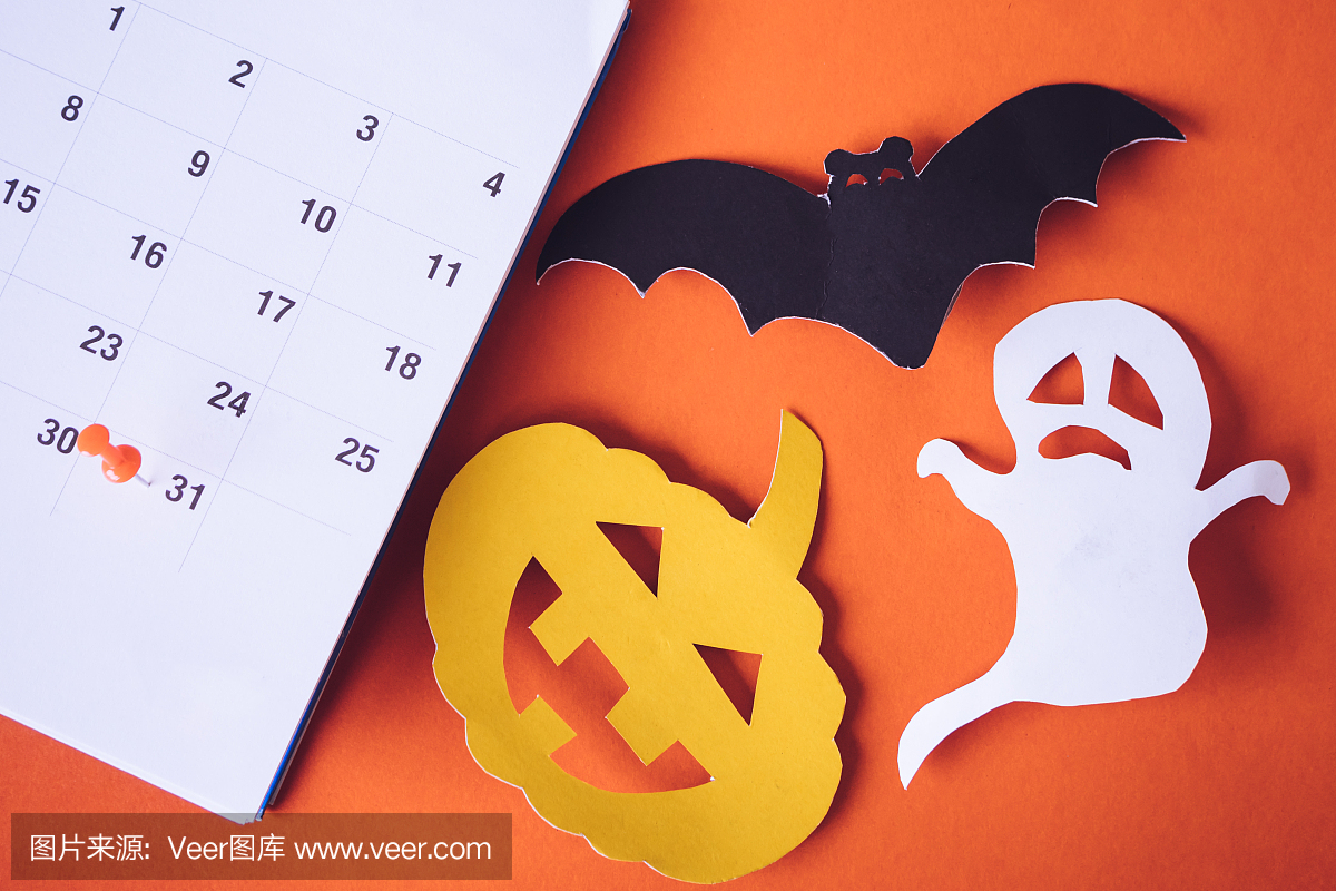万圣节假期概念,日历活动策划,南瓜,鬼和蝙蝠剪