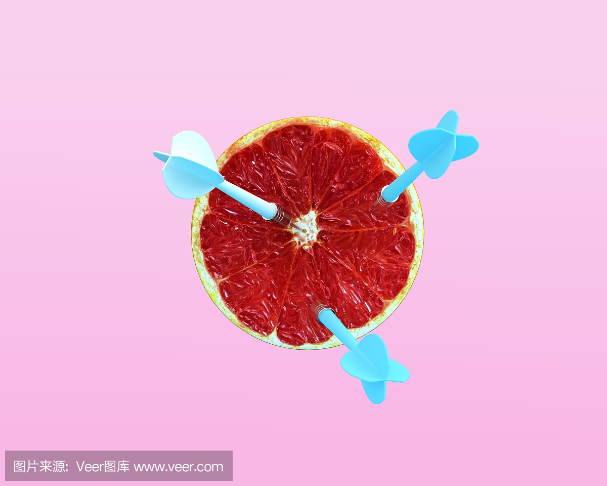 橙色水果与圆形目标标记和三个蓝色飞镖粉红色