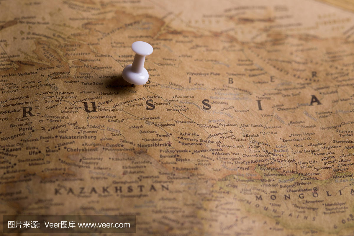旅游目的地俄罗斯指向地图上的图钉