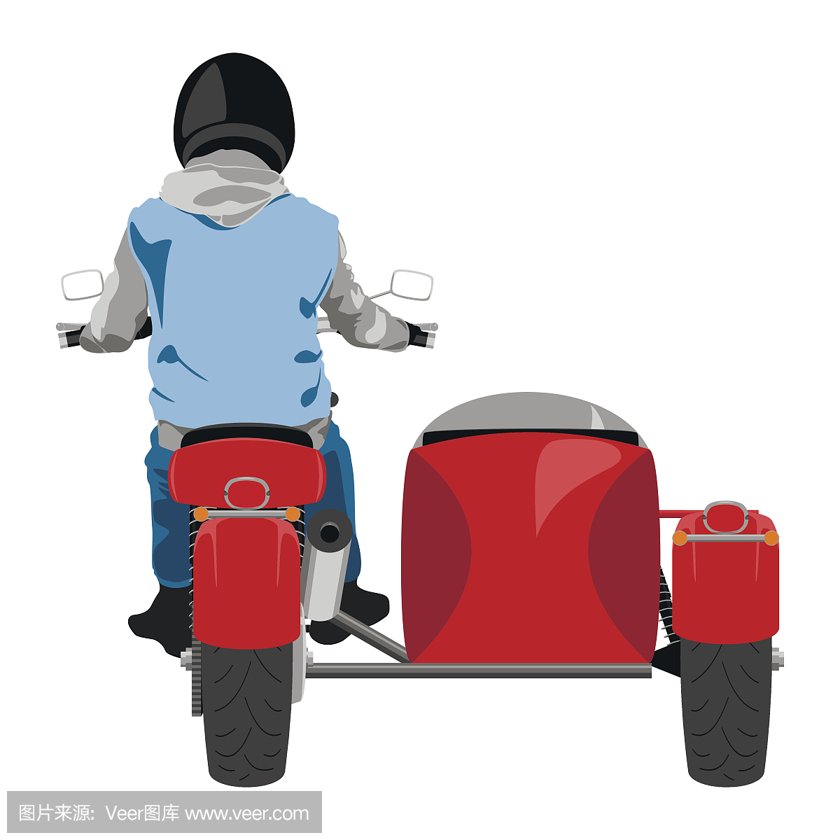 经典侧车摩托车与车手后视图涂鸦风格孤立插图