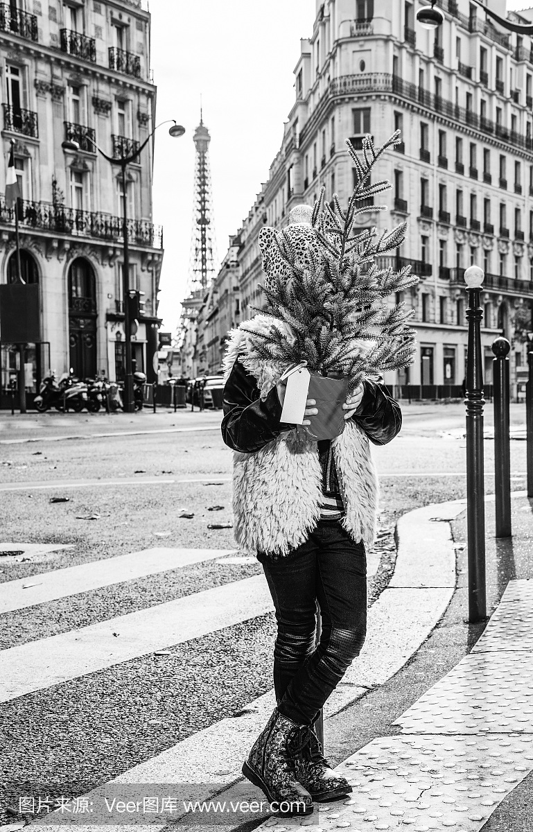 时尚的孩子在巴黎,法国藏在圣诞树后面