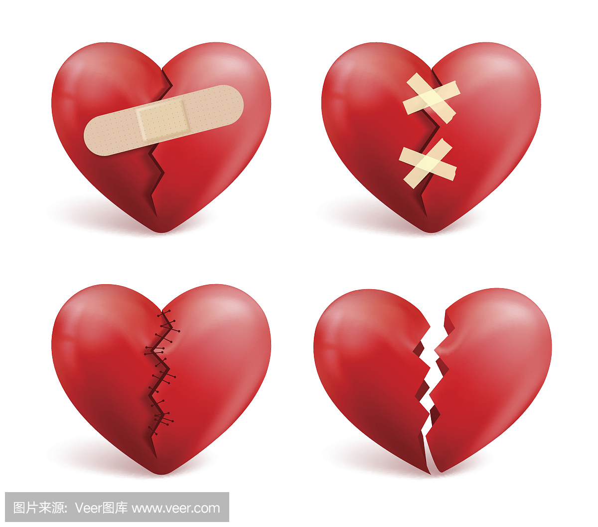 残破的心矢量集3d现实的图标和符号