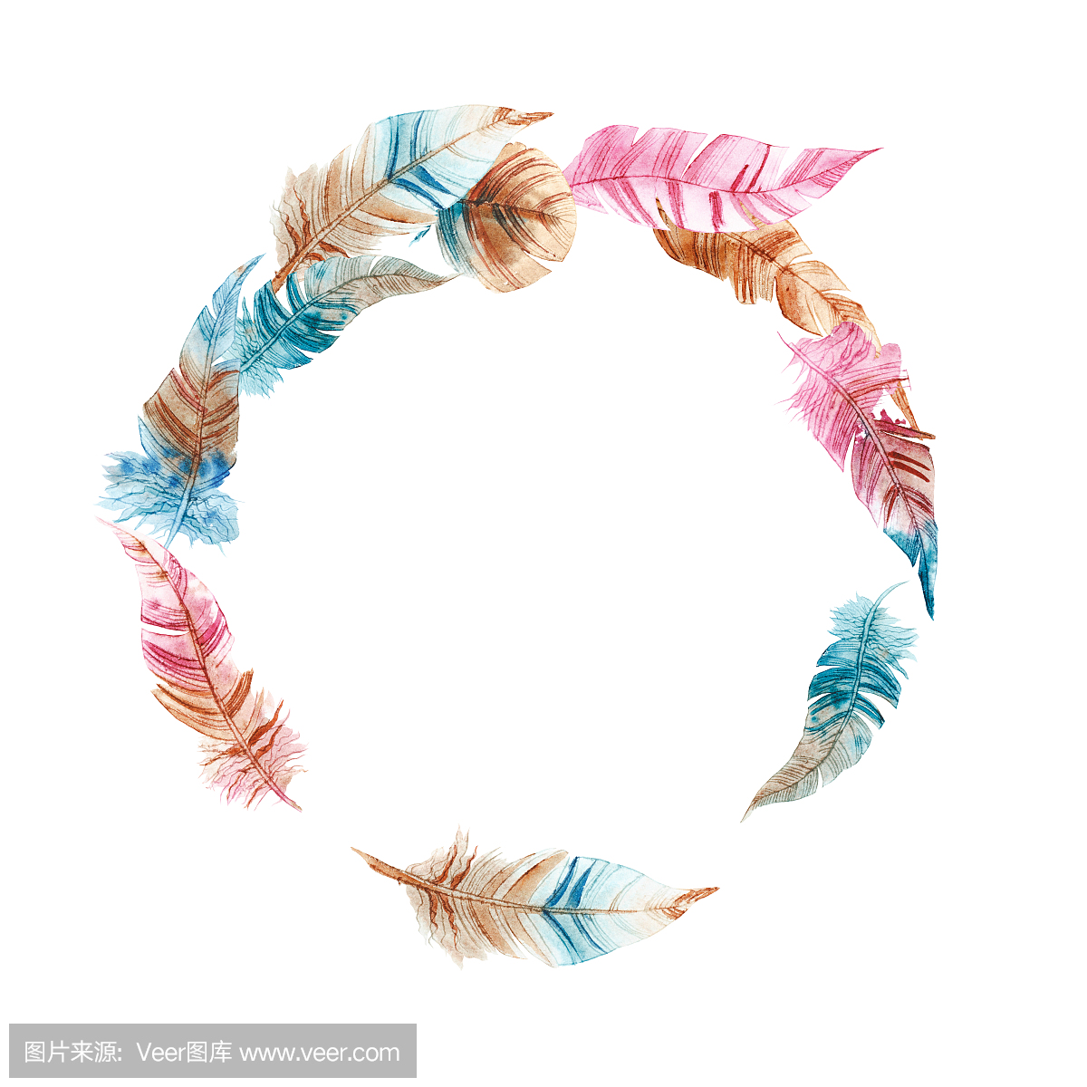 手绘水彩画的花圈充满活力的羽毛。在Boho和