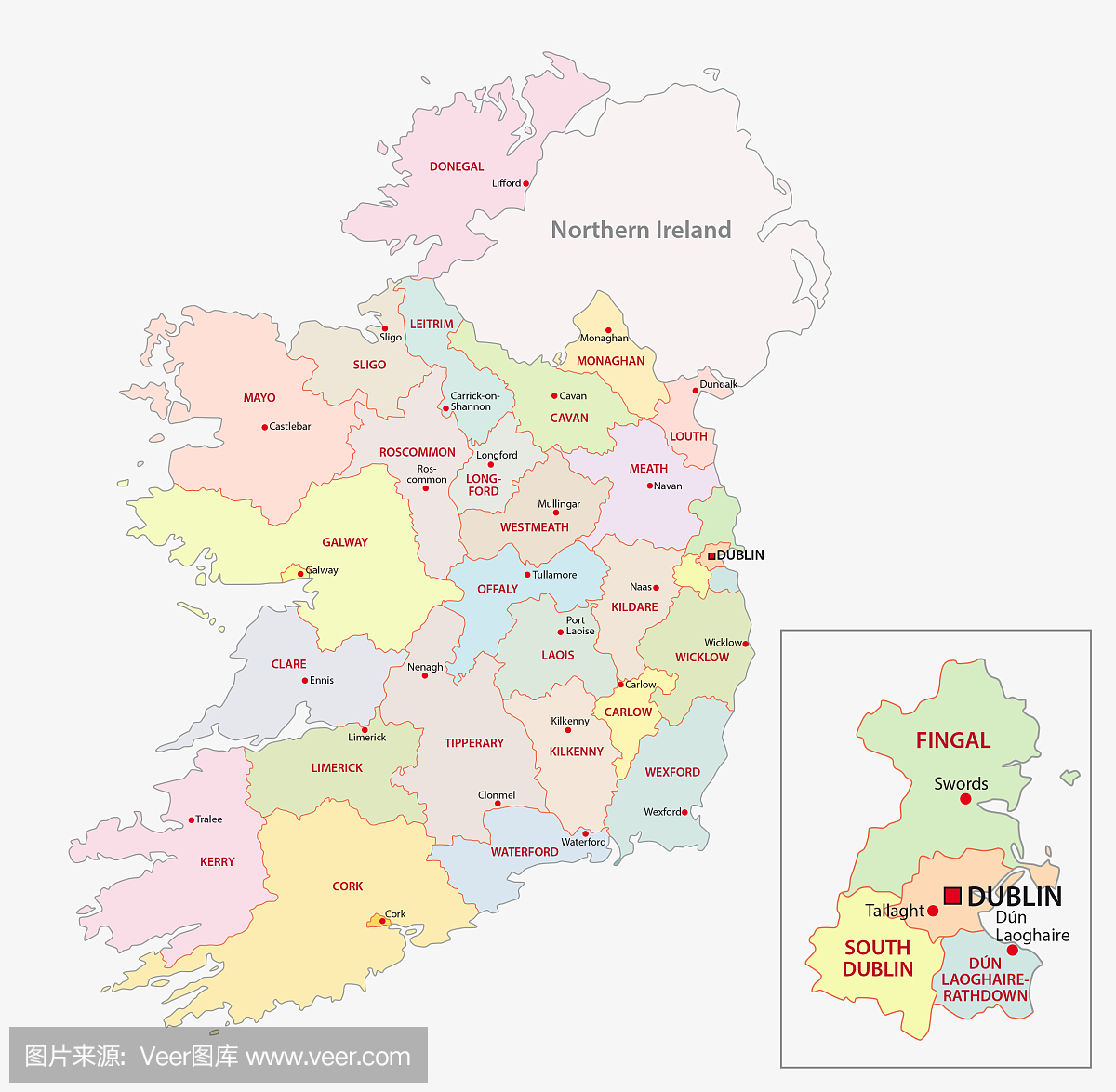 各县爱尔兰行政区划图