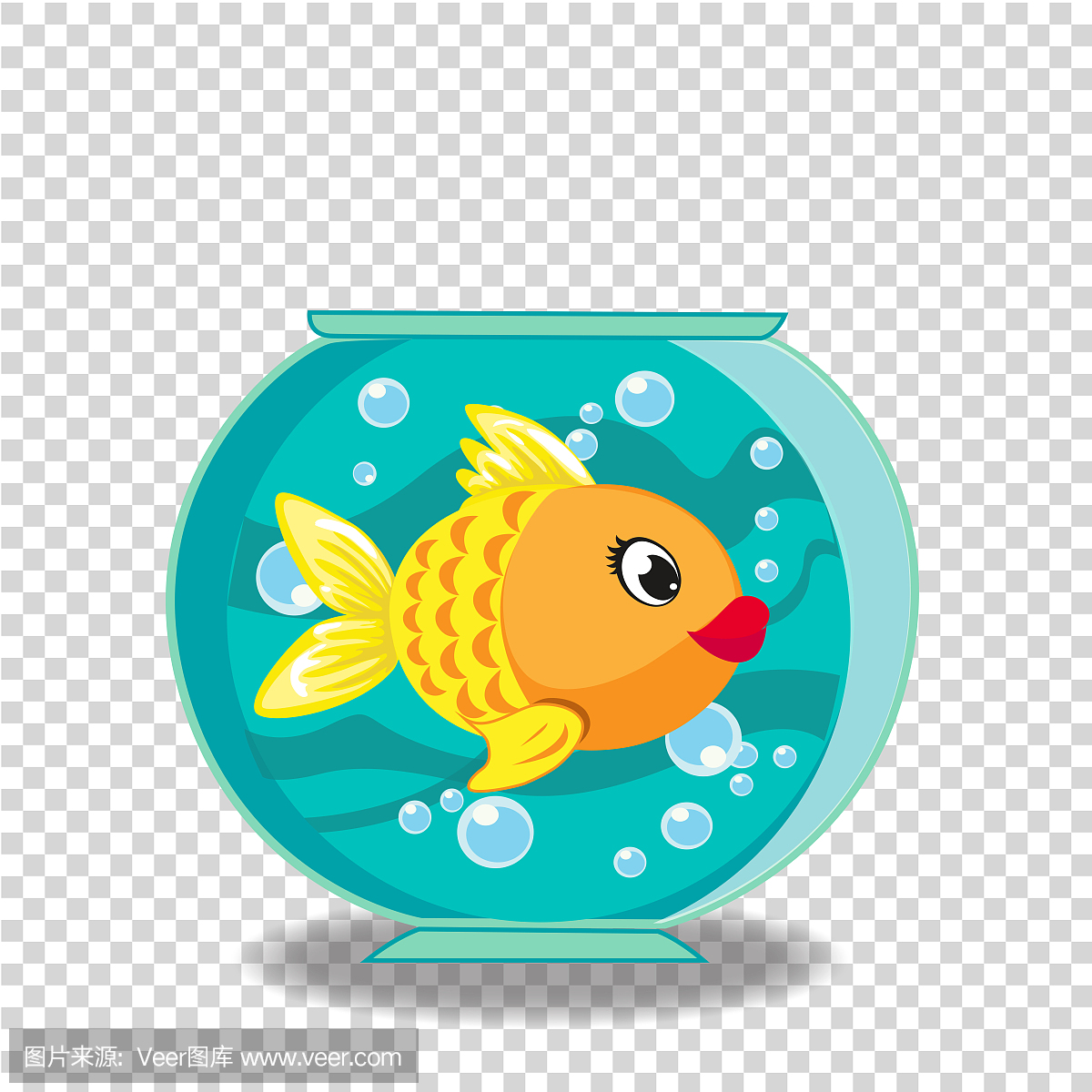 在透明的孤立的鱼缸里的可爱的卡通金鱼
