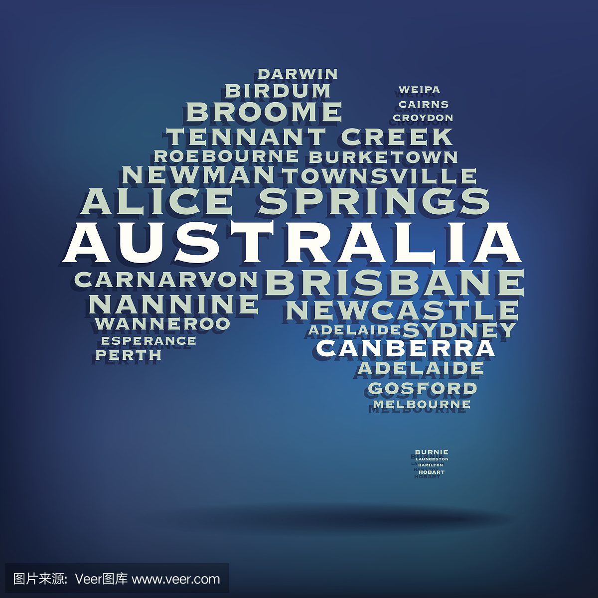 澳大利亚地图以城市名称制作