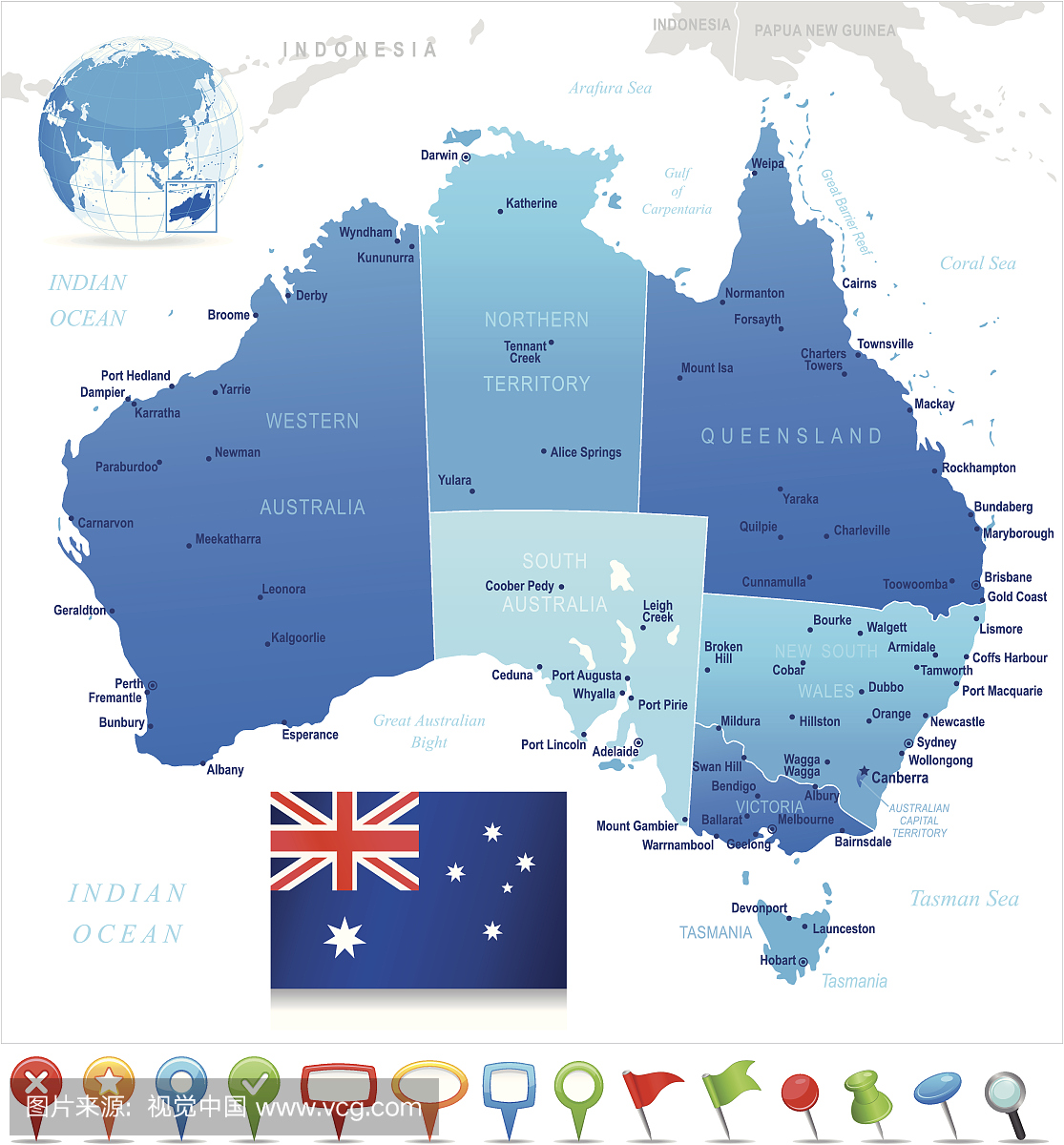 澳大利亚地图 - 州,城市,国旗和导航图标