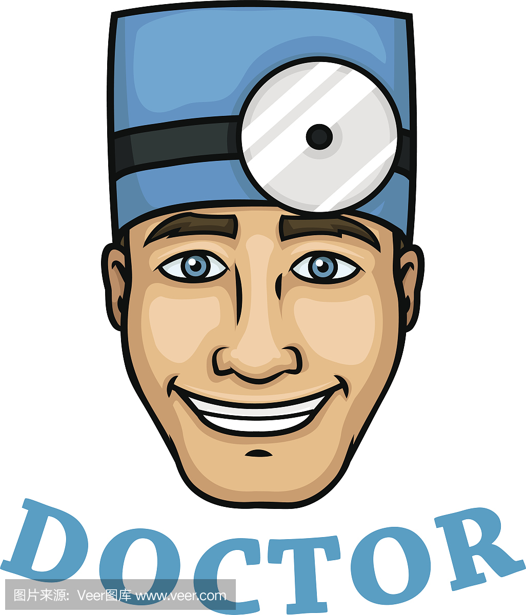微笑医生在蓝色的帽子与反射器