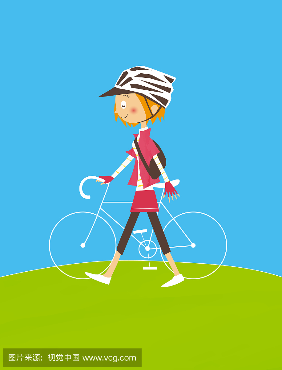 插图的一个年轻女子走一辆赛车自行车
