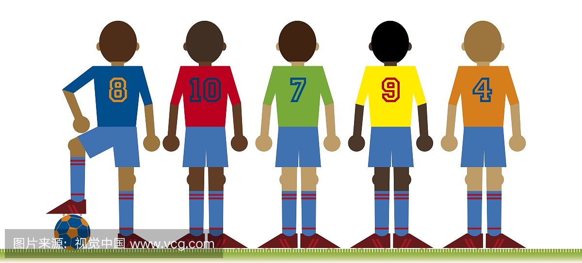 五个足球运动员的数字插图,后视图