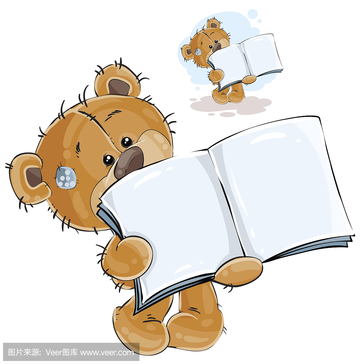 向量插图的棕色泰迪熊显示一本打开的书,一本