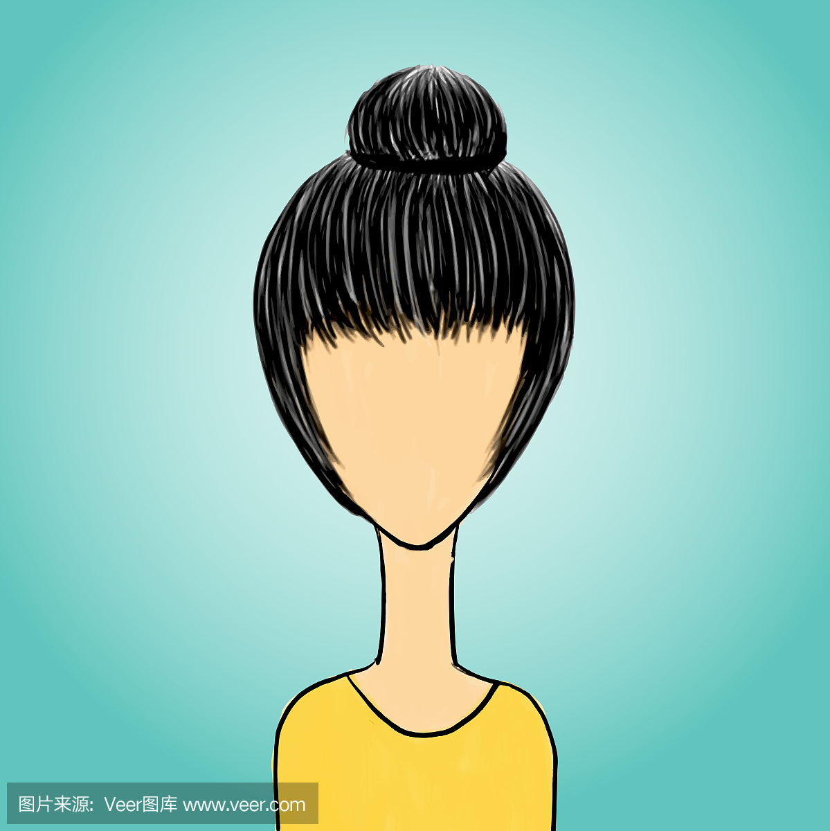 爱的卡通女孩的脸,年轻的女士在黄色的衣服,女