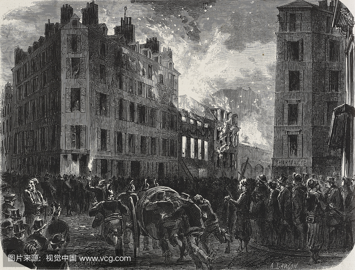 1870年5月7日,法国巴黎Rue Chaptal的火灾,插