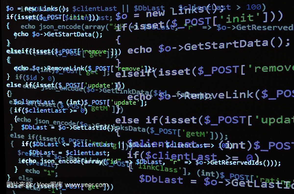 黑色屏幕上的PHP代码,蓝色文字
