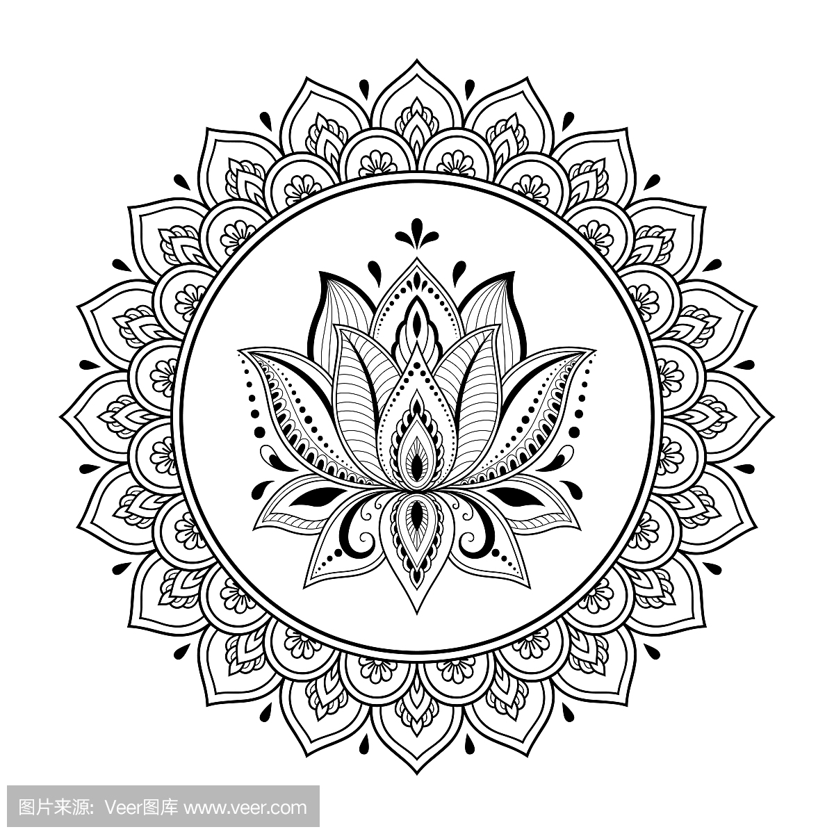 圆形图案为曼陀罗形式的指甲花,曼海蒂,纹身,装