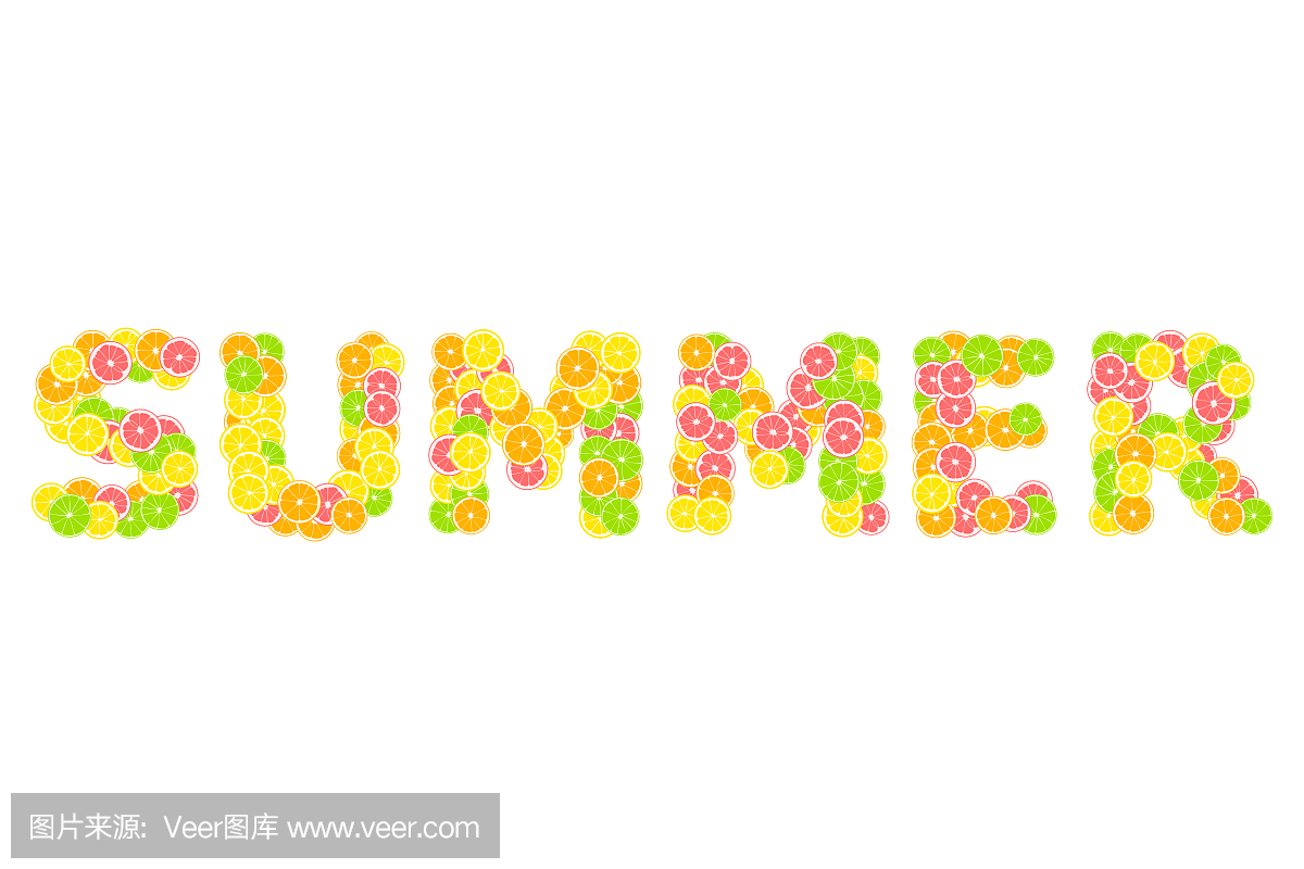 英语词夏天。柑橘热带打印组成的黄色柠檬,绿
