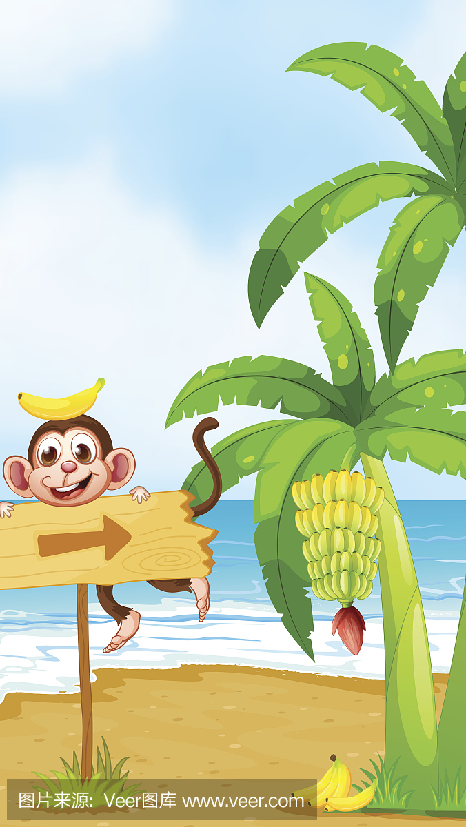 猴子与头顶上的香蕉在箭头附近玩