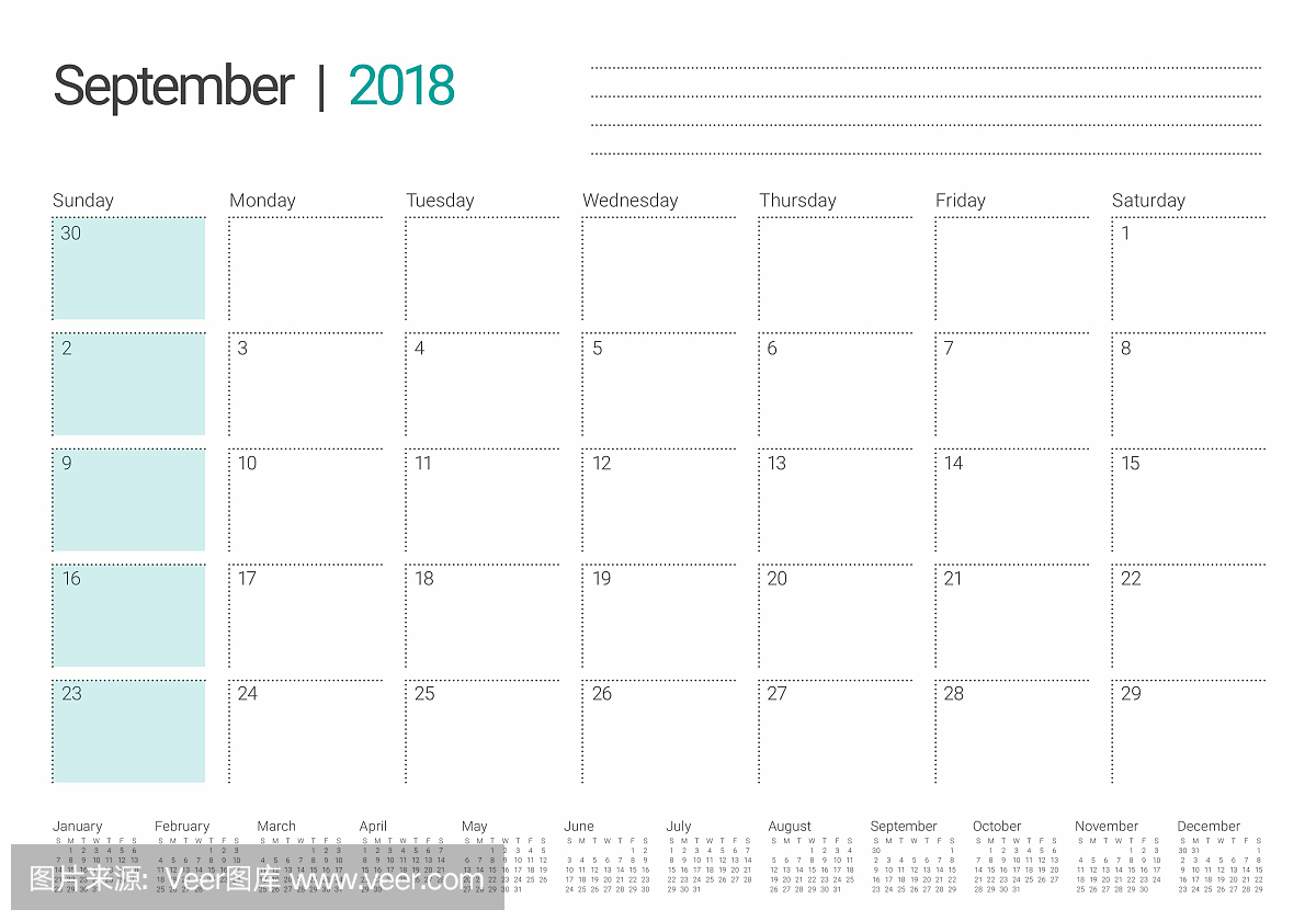 2018年9月计划者日历矢量图