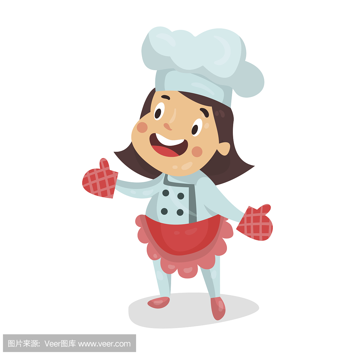 可爱的卡通小女孩厨师角色在红色围裙和厨房烤