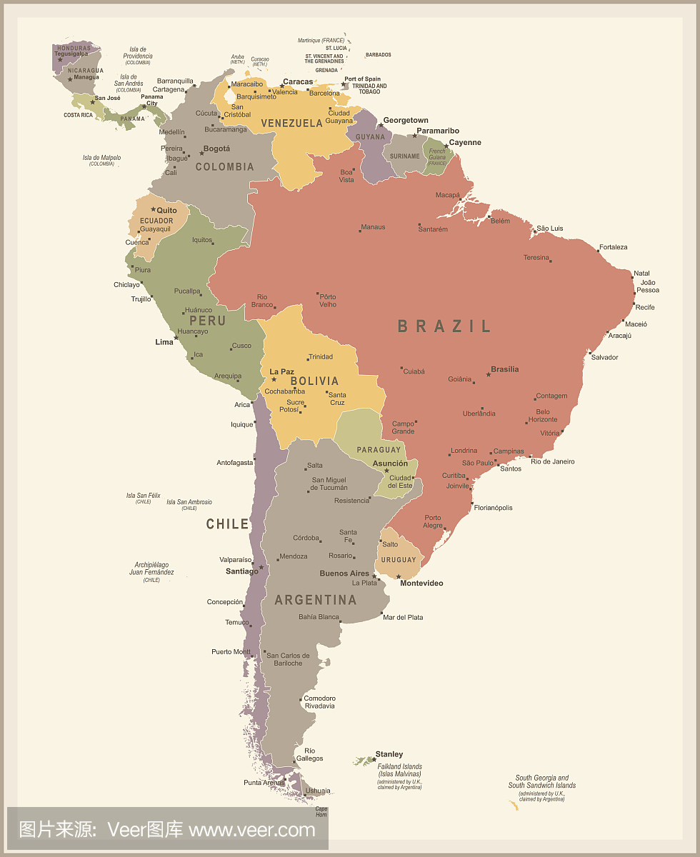 南美洲地图 - 葡萄酒矢量图