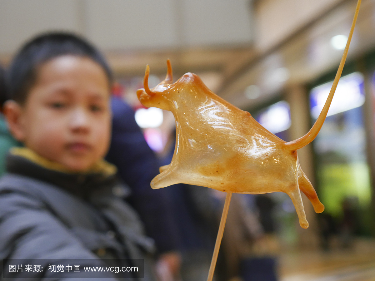 中国男孩在中国农历新年假期时,以一头奶牛的