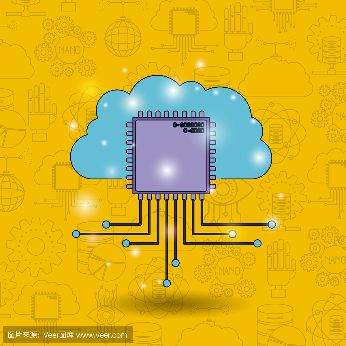 未来技术彩色图案背景与云连接到电路板