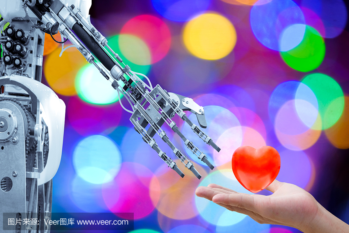 在情人节,人的心在手上送到人造机器人