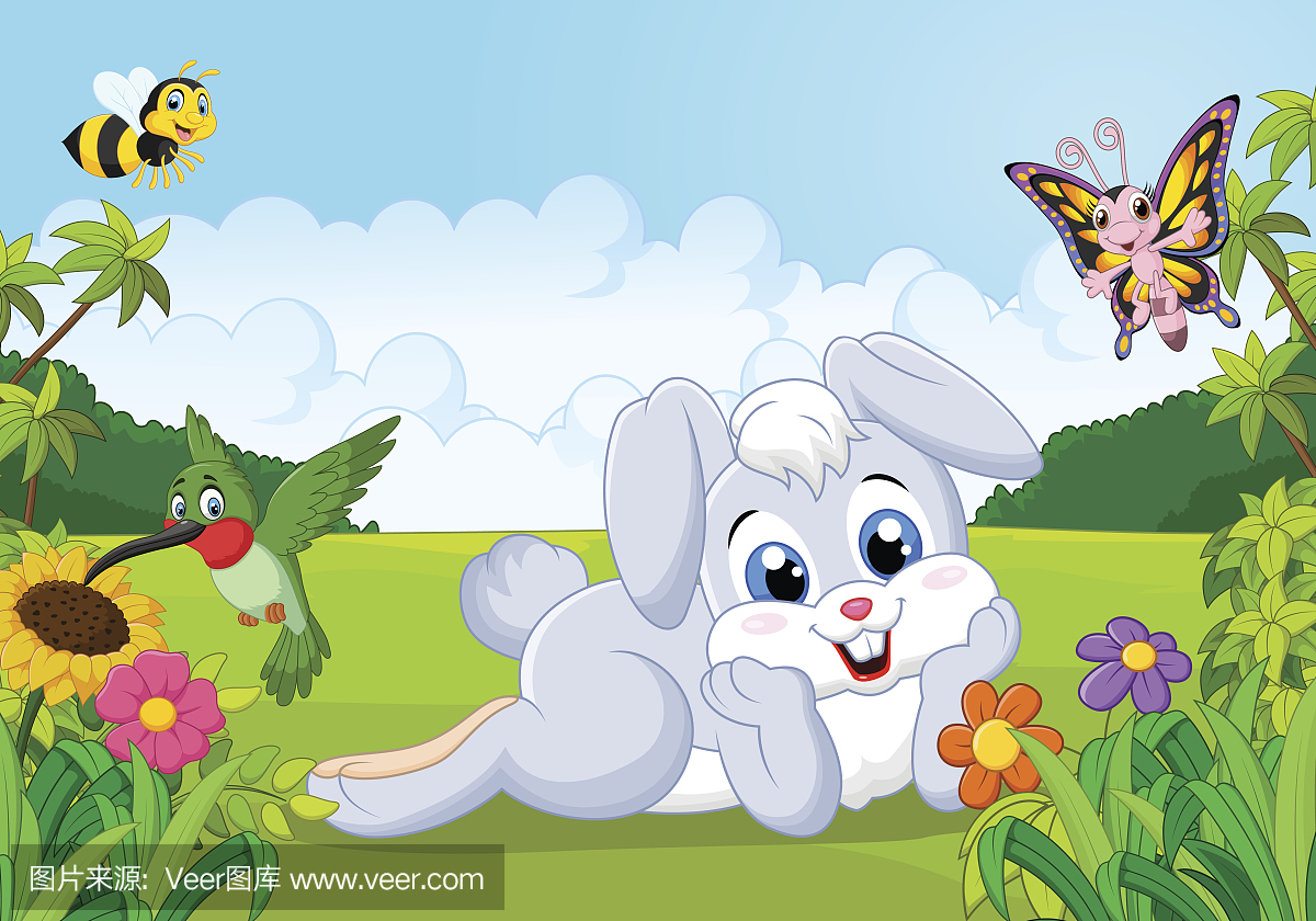 卡通可爱的小兔子在丛林中