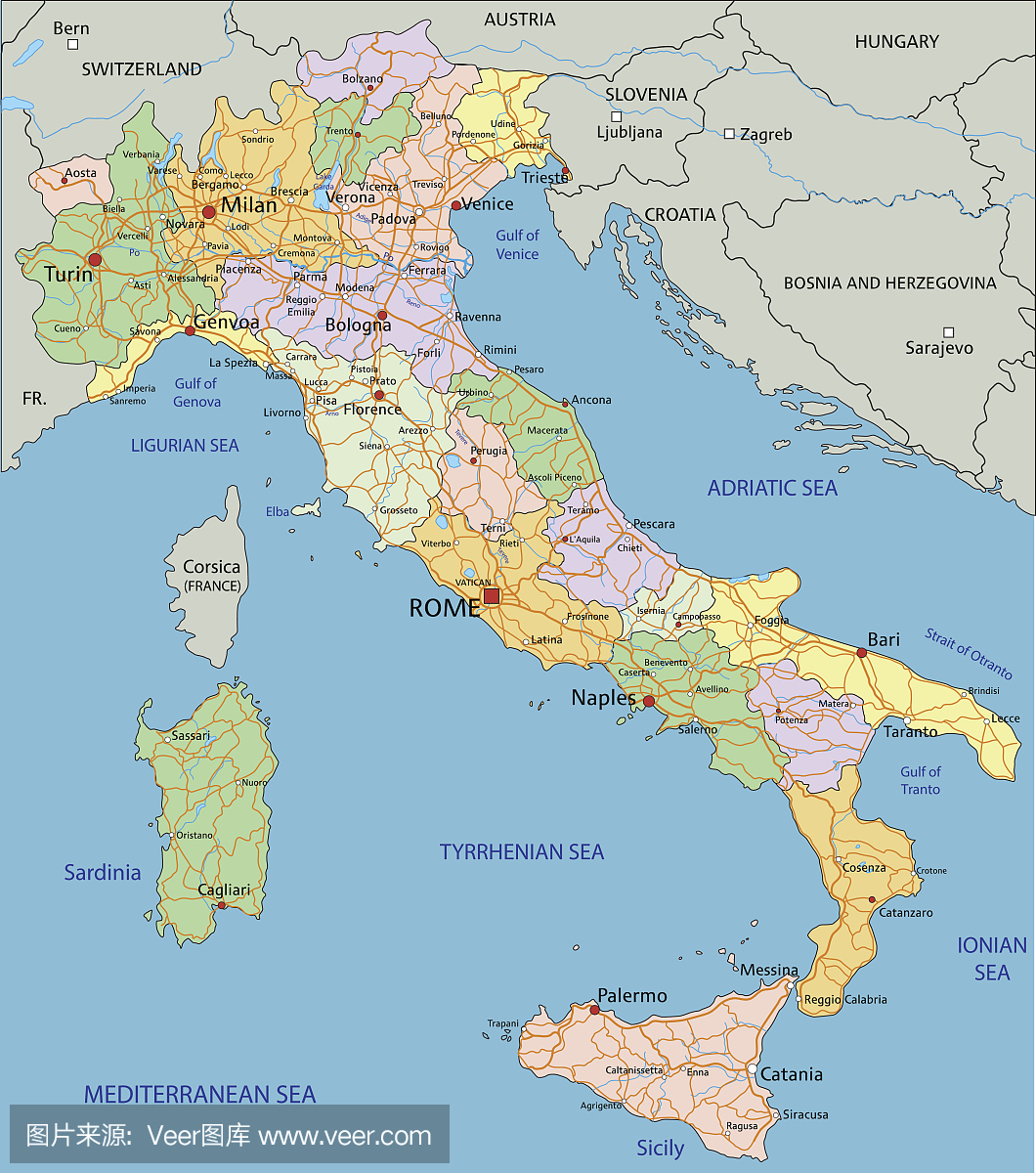 意大利 - 详细可编辑的政治地图。