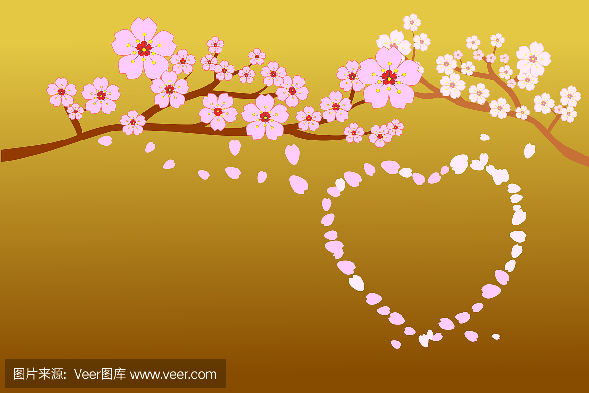 盛开的樱花和心形的吹\/飞花瓣;在渐变金背景上