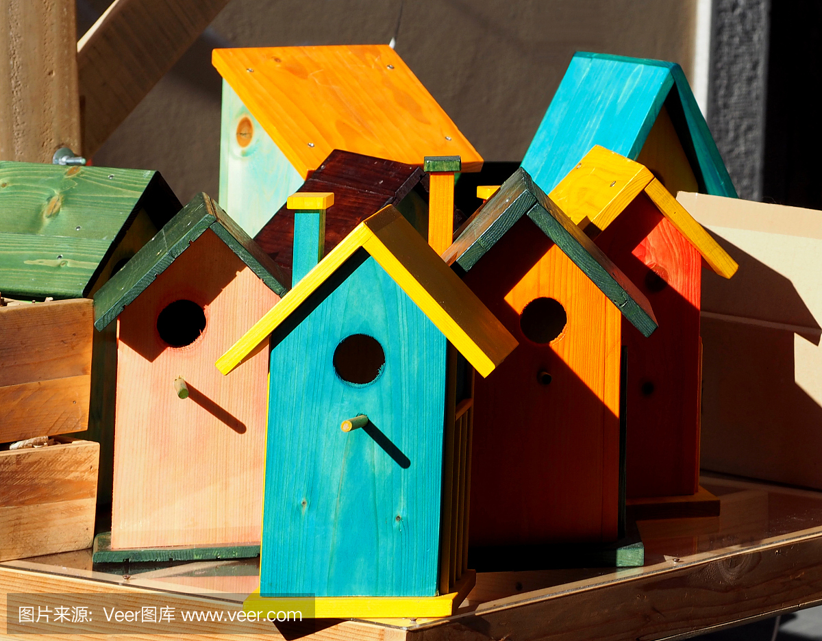 木制的鸟房子在不同的明亮的颜色
