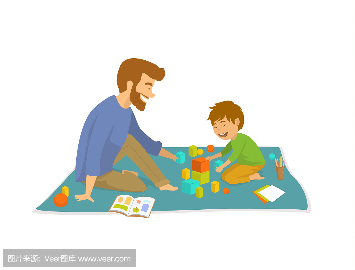 男人和男孩,父亲和儿子在家里在地板上开发游戏