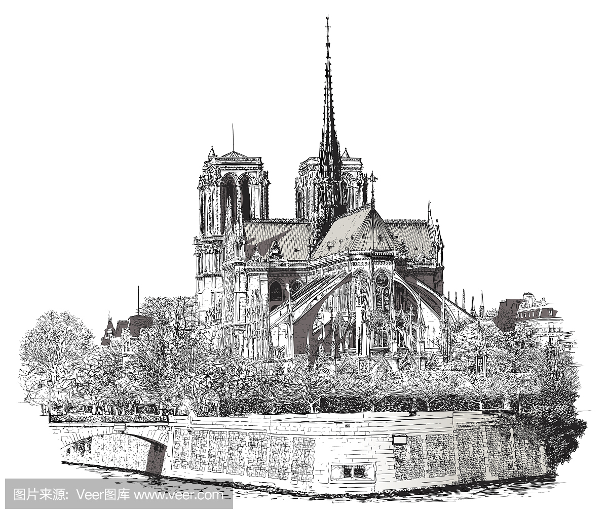 巴黎圣母院的黑白素描
