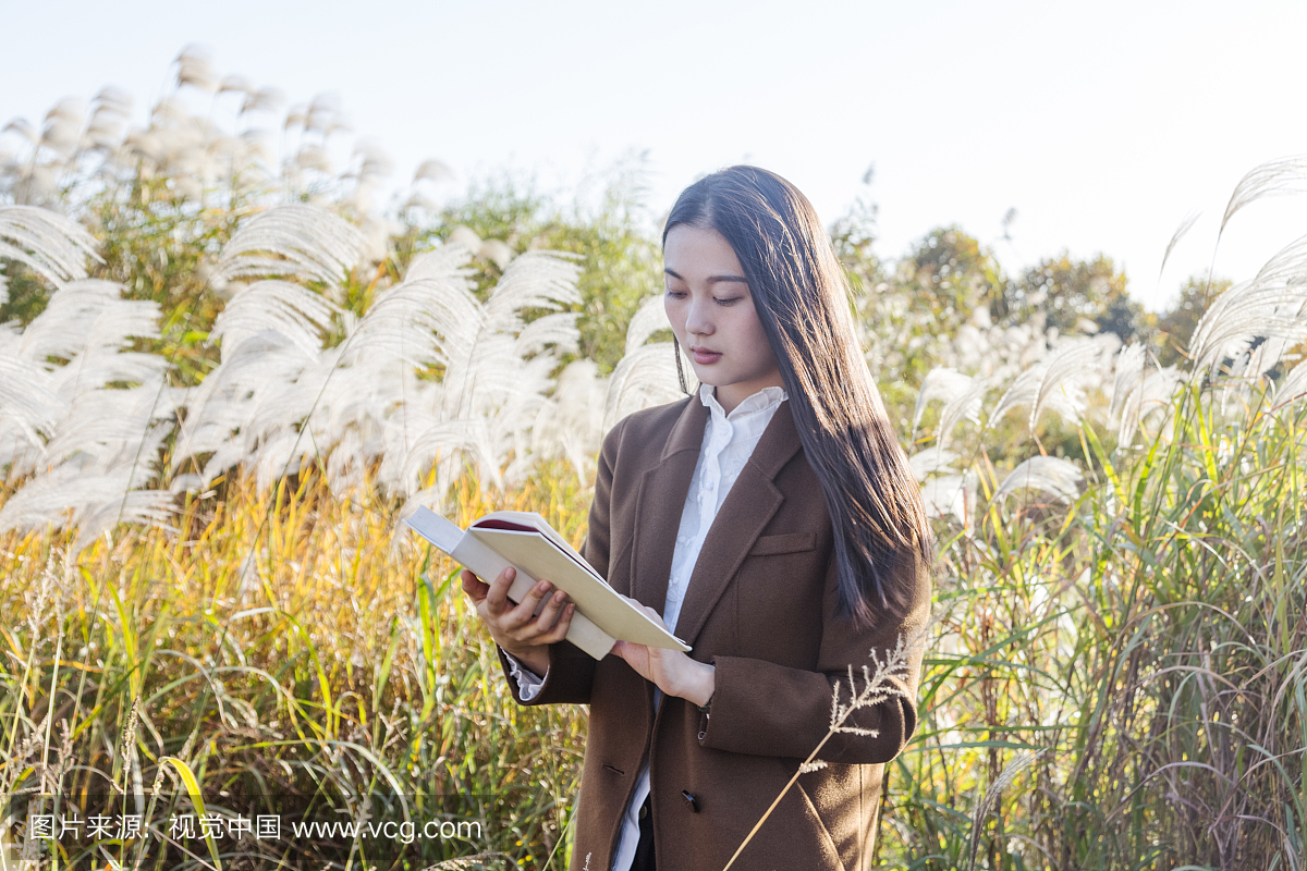 有吸引力的女人在芦苇植物阅读书籍