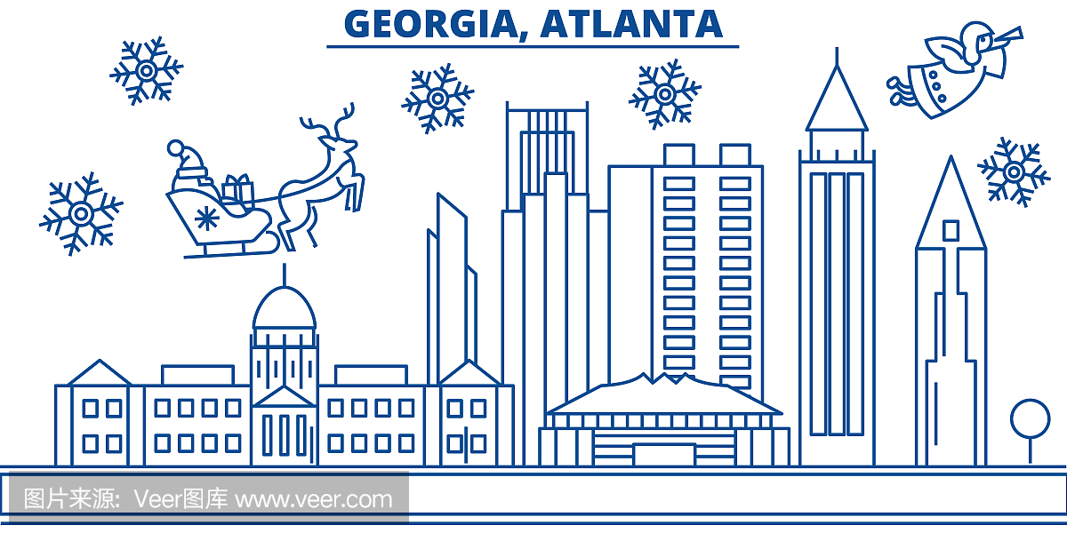 美国佐治亚州亚特兰大冬季城市天际线。圣诞快