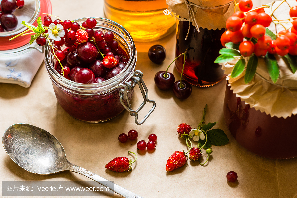 水果保存和原始草莓,樱桃,罗兰和红醋栗浆果